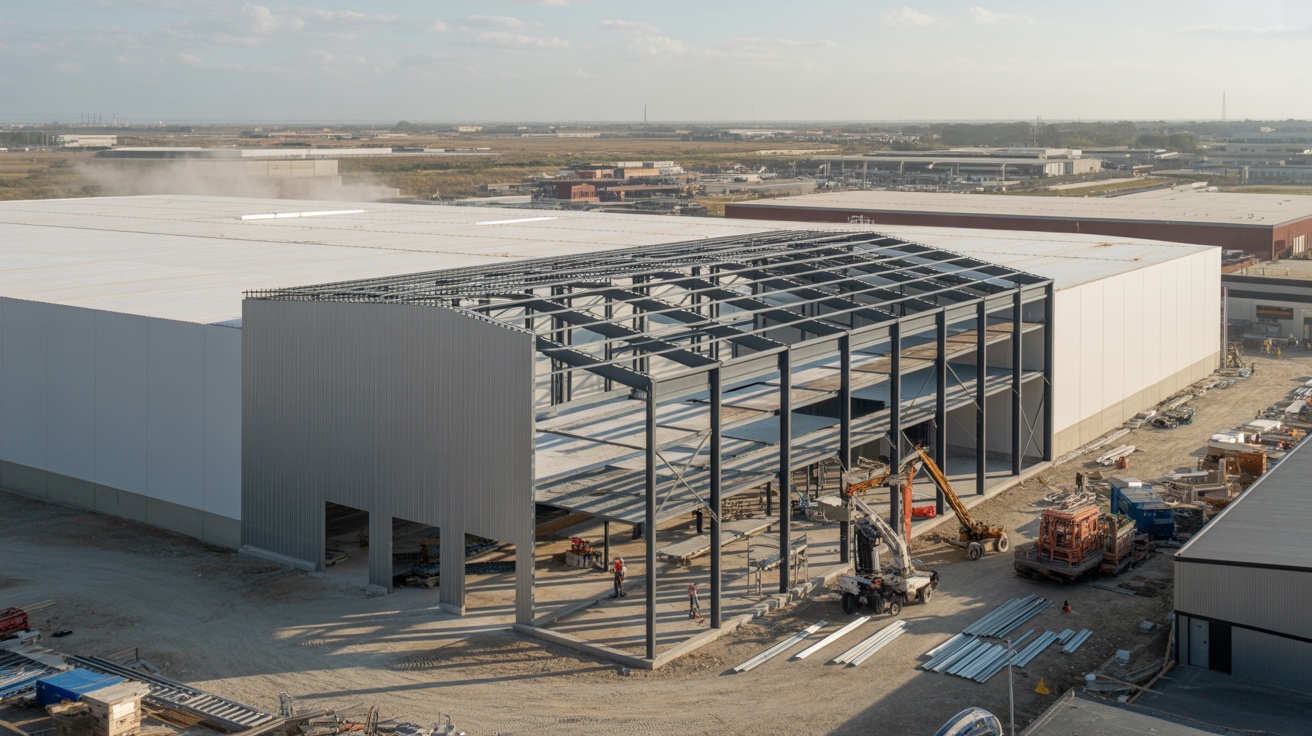 Ampliación de nave industrial con estructura nueva conectándose a nave existente en operación