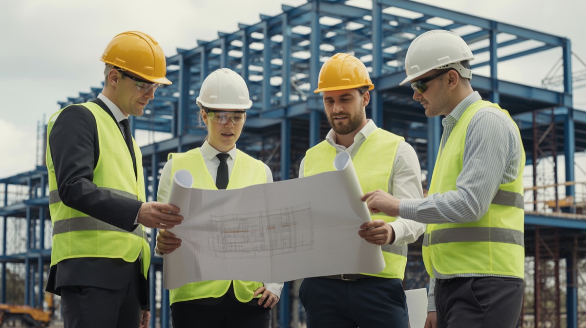 Equipo de construcción revisando planos en una obra industrial