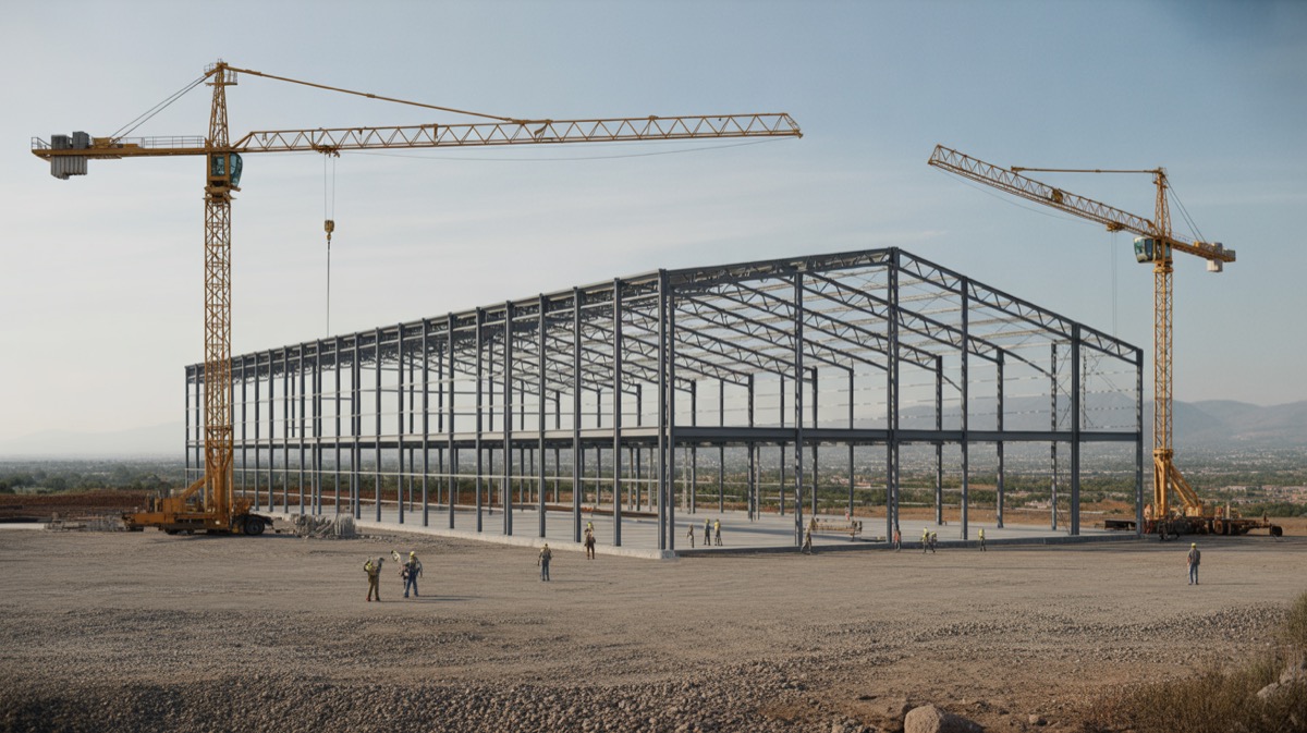 Nave industrial en construcción con estructura metálica en Querétaro