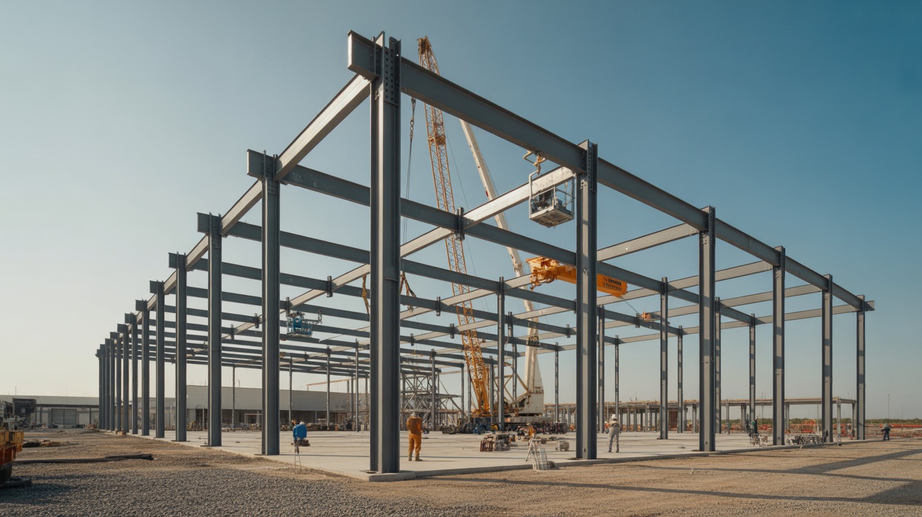 Estructura de acero de una nave industrial en construcción con vigas y columnas metálicas