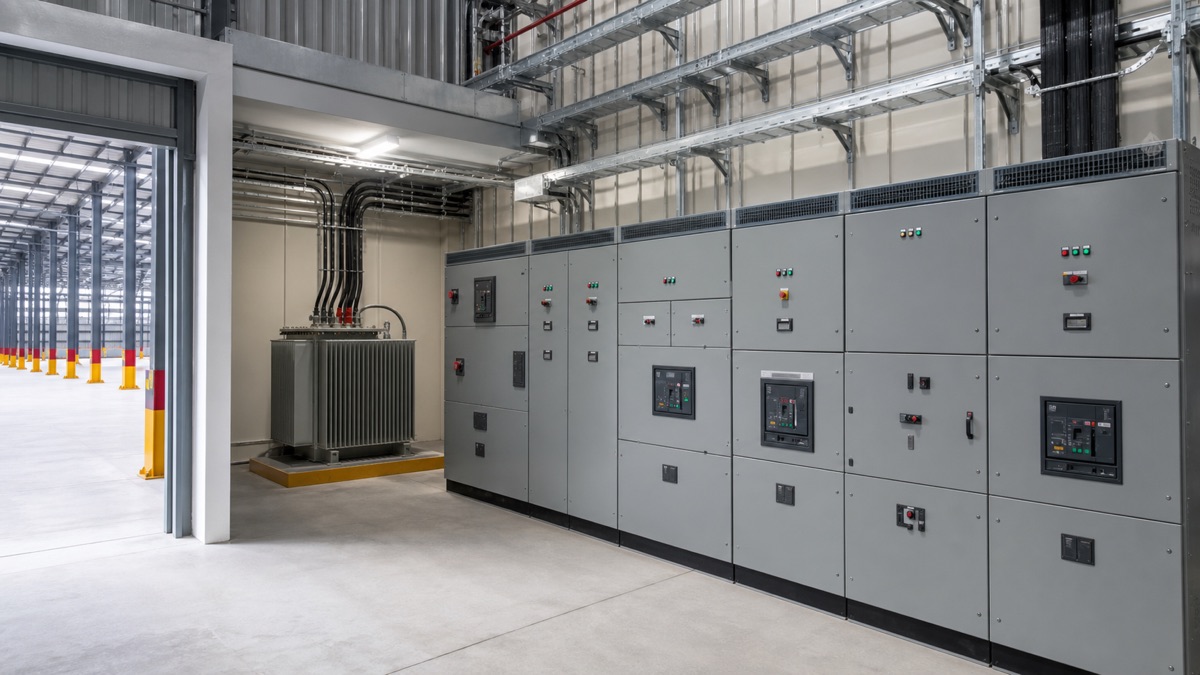 Cuarto eléctrico industrial con transformador, tableros cerrados y canalizaciones ordenadas