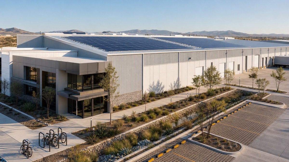 Nave industrial sustentable con paneles solares, paisajismo regional y manejo pluvial