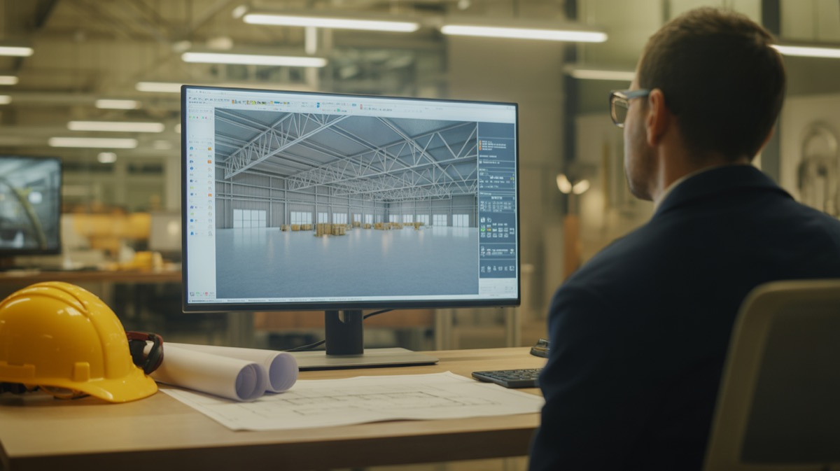 Modelo BIM 3D de una nave industrial en pantalla de computadora
