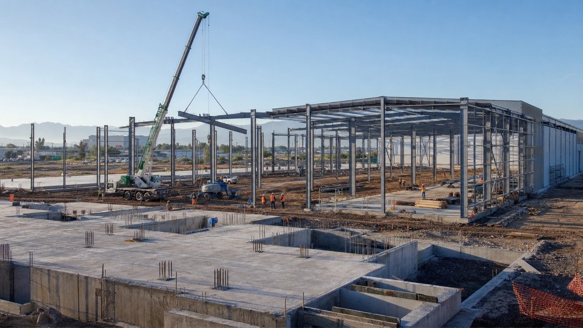 Construcción de una nave industrial con cimentaciones, estructura de acero y cubierta en distintas etapas