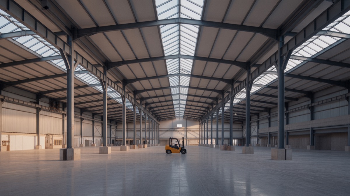 Vista panorámica de una nave industrial moderna con estructura metálica